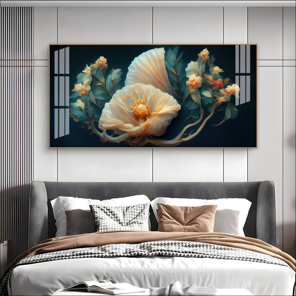 Beautiful Flower Artwork Acrylic Wall Art   With Cream Petals And Dark Background