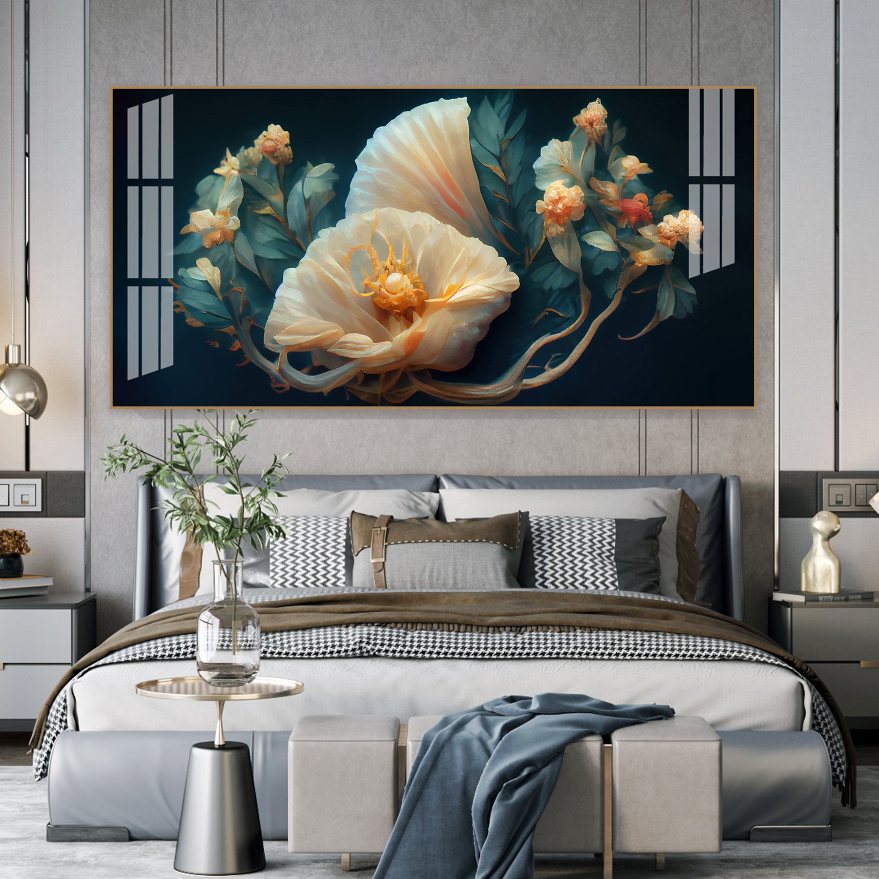 Beautiful Flower Artwork Acrylic Wall Art   With Cream Petals And Dark Background