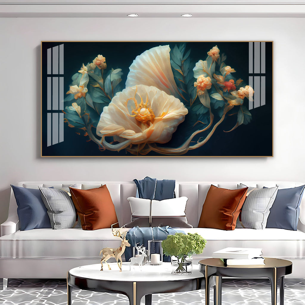 Beautiful Flower Artwork Acrylic Wall Art Canvas With Cream Petals And Dark Background
