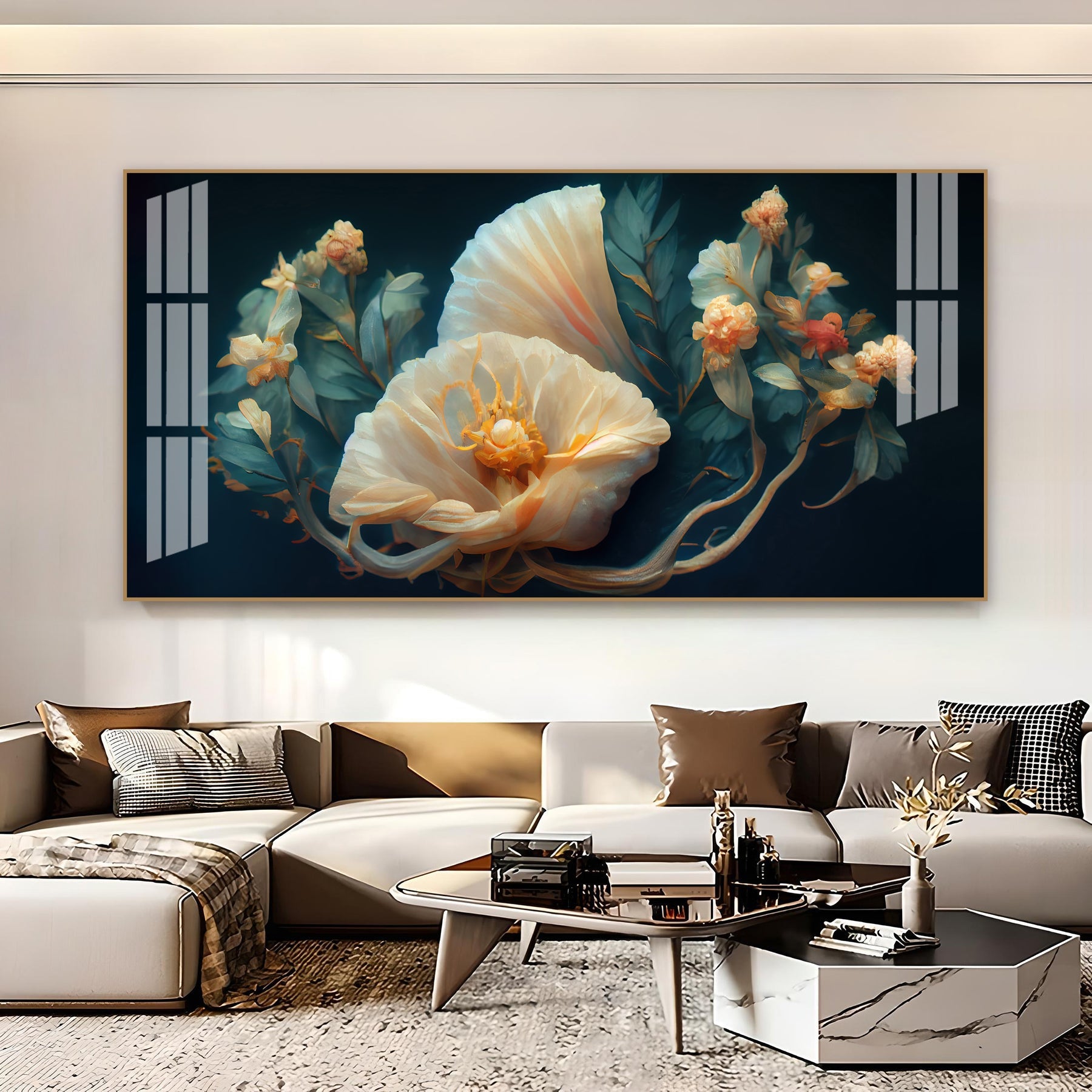 Beautiful Flower Artwork Acrylic Wall Art   With Cream Petals And Dark Background