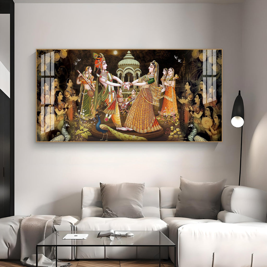 Radha Krishna Raas Leela Acrylic Wall Art Canvas With Devotional Hindu Spiritual Scene