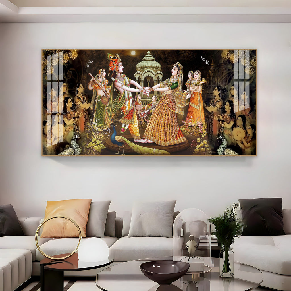 Radha Krishna Raas Leela Acrylic Wall Art   With Devotional Hindu Spiritual Scene