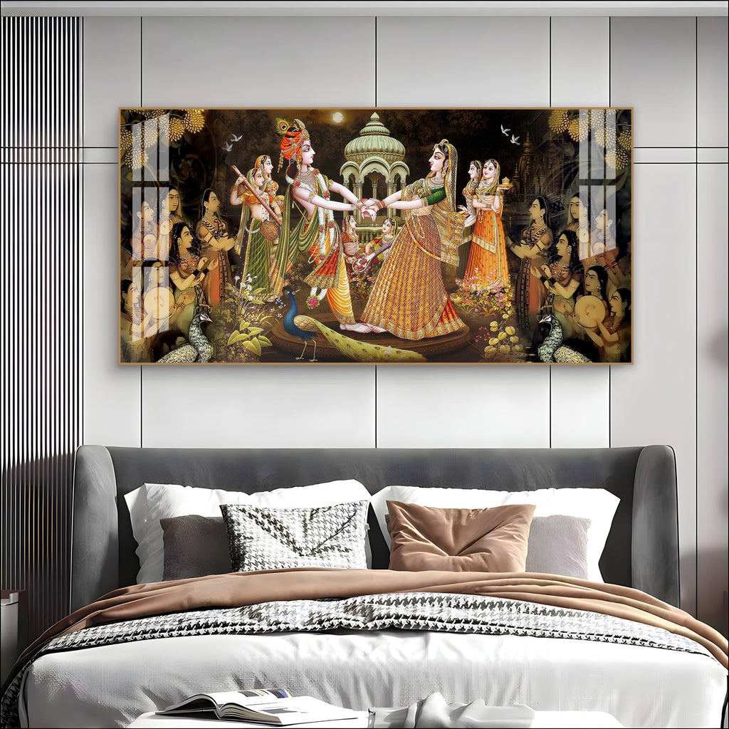 Radha Krishna Raas Leela Acrylic Wall Art Canvas With Devotional Hindu Spiritual Scene
