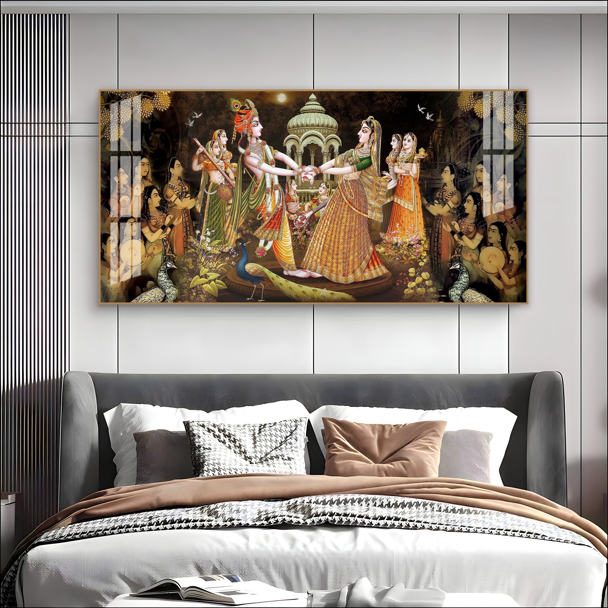 Radha Krishna Raas Leela Acrylic Wall Art Canvas With Devotional Hindu Spiritual Scene