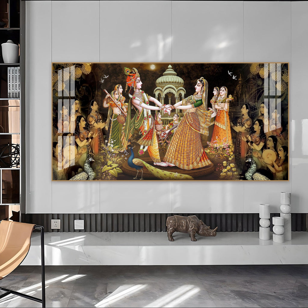 Radha Krishna Raas Leela Acrylic Wall Art Canvas With Devotional Hindu Spiritual Scene