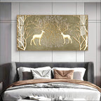 Artistic Deer And Trees Acrylic Wall Art Canvas With Gold Finish And Nature Theme
