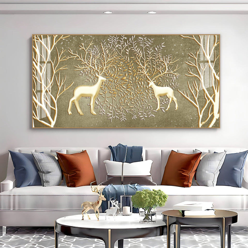 Artistic Deer And Trees Acrylic Wall Art Canvas With Gold Finish And Nature Theme