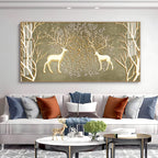 Artistic Deer And Trees Acrylic Wall Art Canvas With Gold Finish And Nature Theme