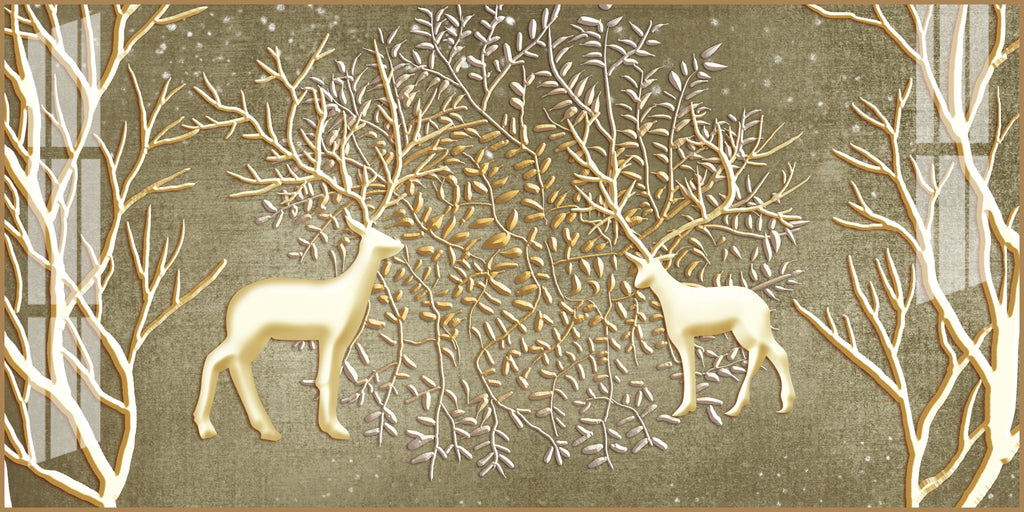 Artistic Deer And Trees Acrylic Wall Art Canvas With Gold Finish And Nature Theme