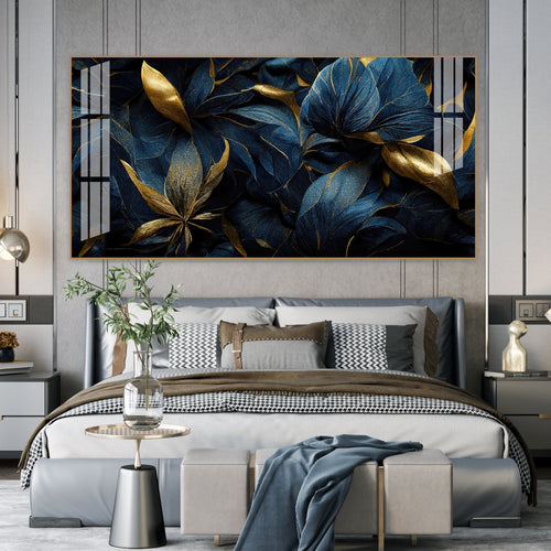 Modern Blue Gold Flower Acrylic Wall Art   With Elegant Nature Theme