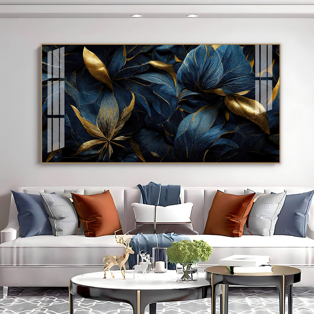 Modern Blue Gold Flower Acrylic Wall Art   With Elegant Nature Theme