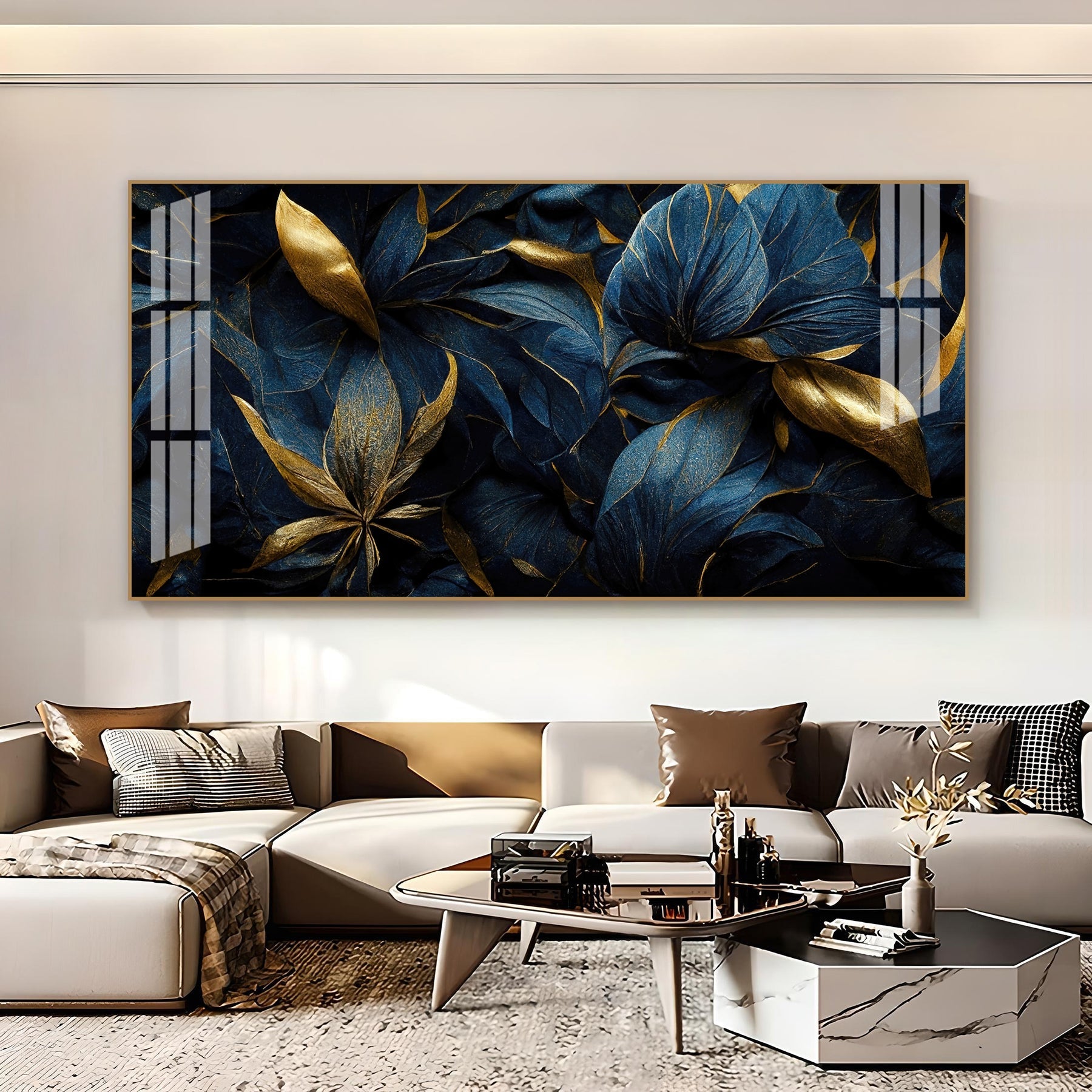 Modern Blue Gold Flower Acrylic Wall Art   With Elegant Nature Theme