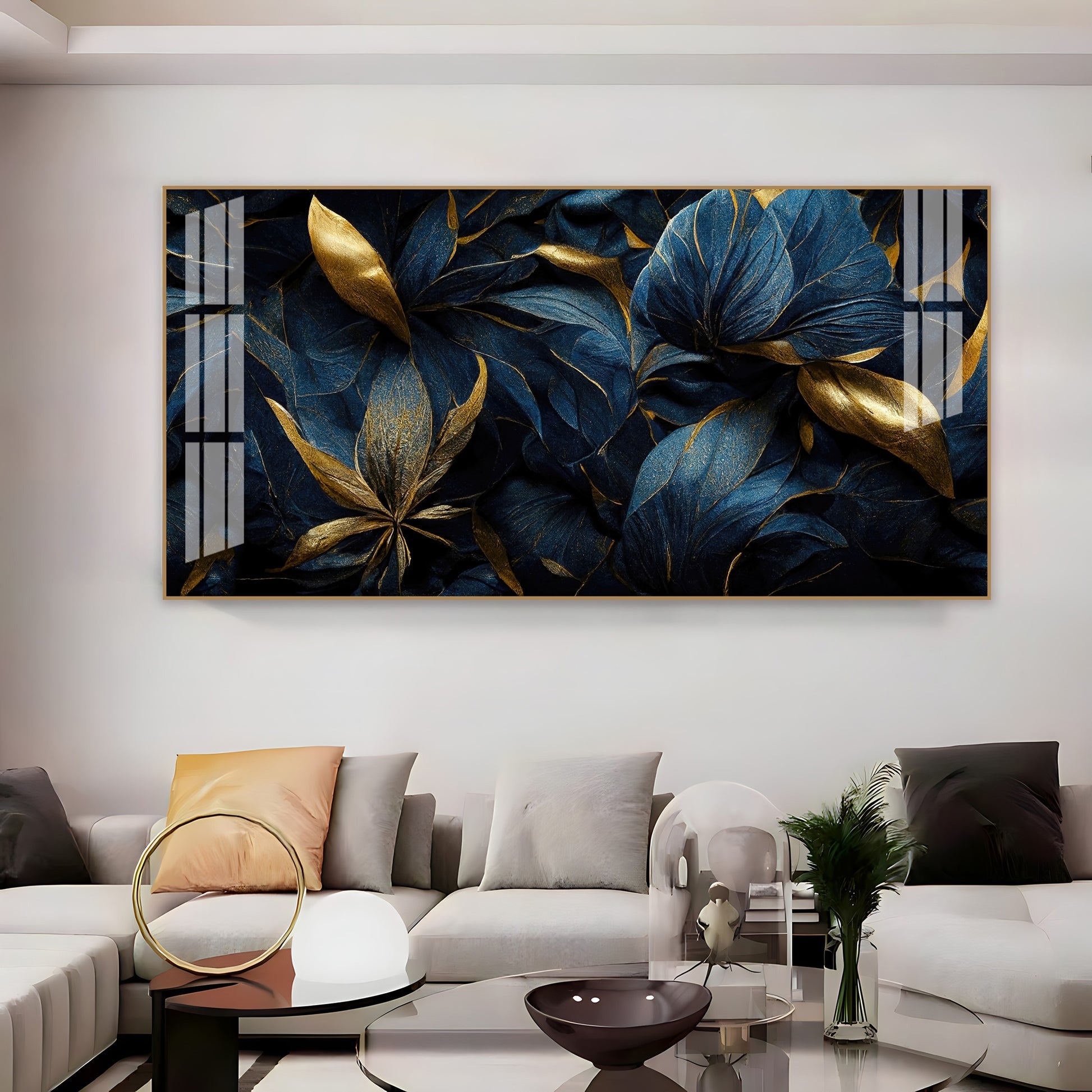 Modern Blue Gold Flower Acrylic Wall Art   With Elegant Nature Theme