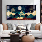 Elegant Deer Mountain Acrylic Wall Art Canvas With Moonlight And Golden Nature Design