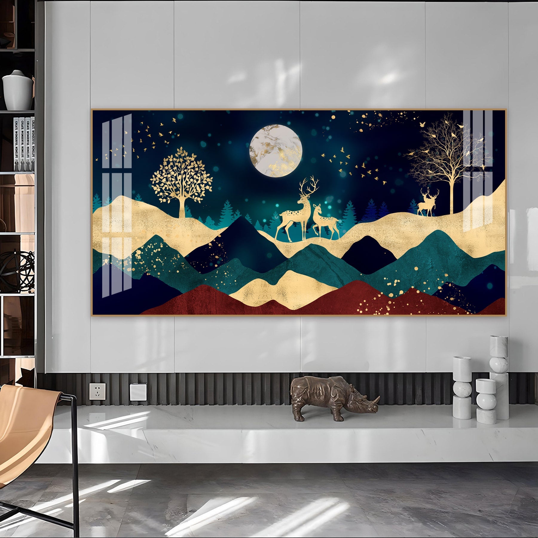 Elegant Deer Mountain Acrylic Wall Art Canvas With Moonlight And Golden Nature Design