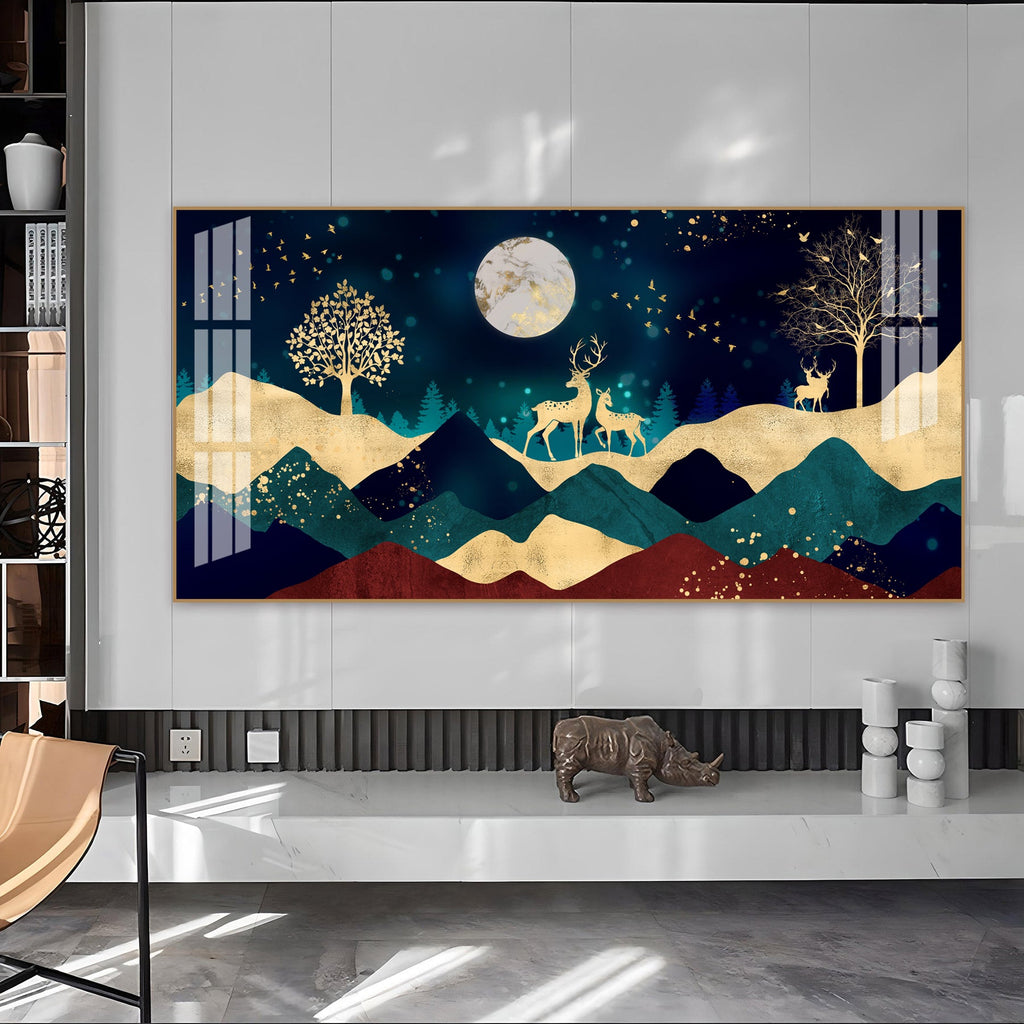 Elegant Deer Mountain Acrylic Wall Art   With Moonlight And Golden Nature Design