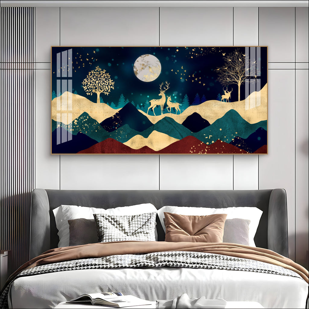 Elegant Deer Mountain Acrylic Wall Art Canvas With Moonlight And Golden Nature Design