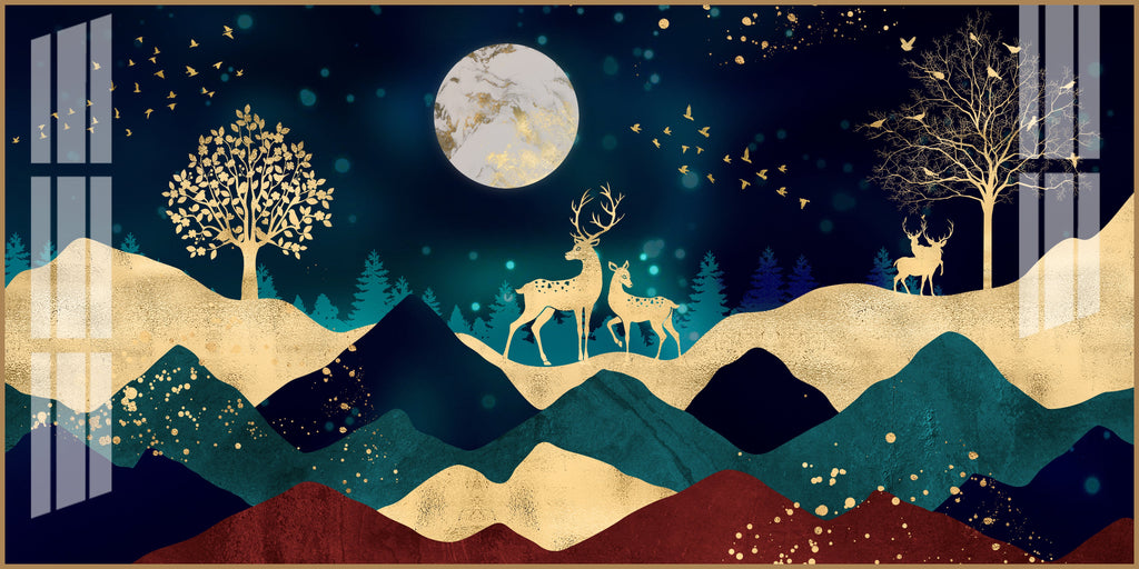 Elegant Deer Mountain Acrylic Wall Art Canvas With Moonlight And Golden Nature Design