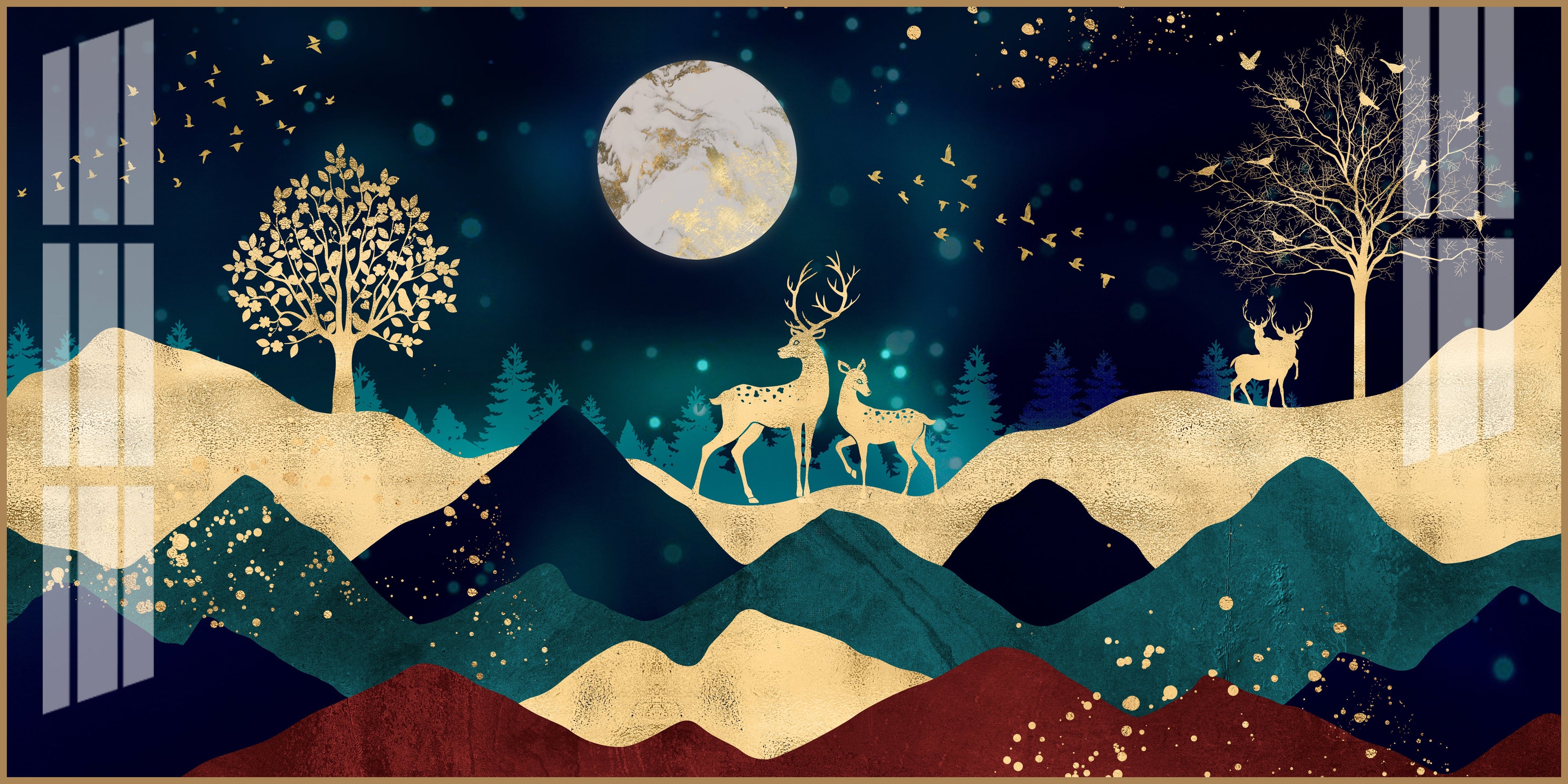 Elegant Deer Mountain Acrylic Wall Art Canvas With Moonlight And Golden Nature Design