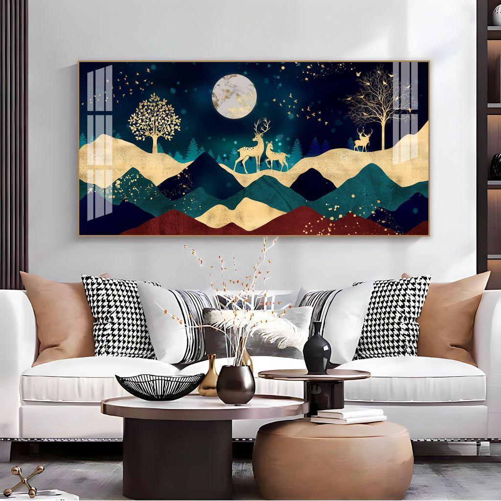 Elegant Deer Mountain Acrylic Wall Art   With Moonlight And Golden Nature Design