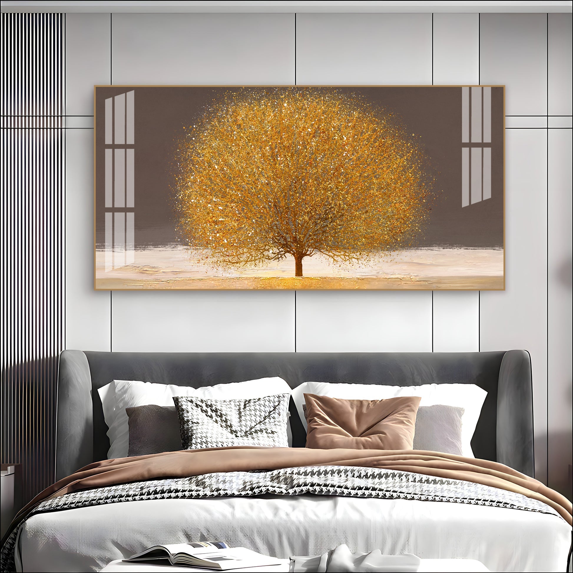 Modern Golden Tree Acrylic Wall Art Canvas With Elegant Nature And Luxury Finish