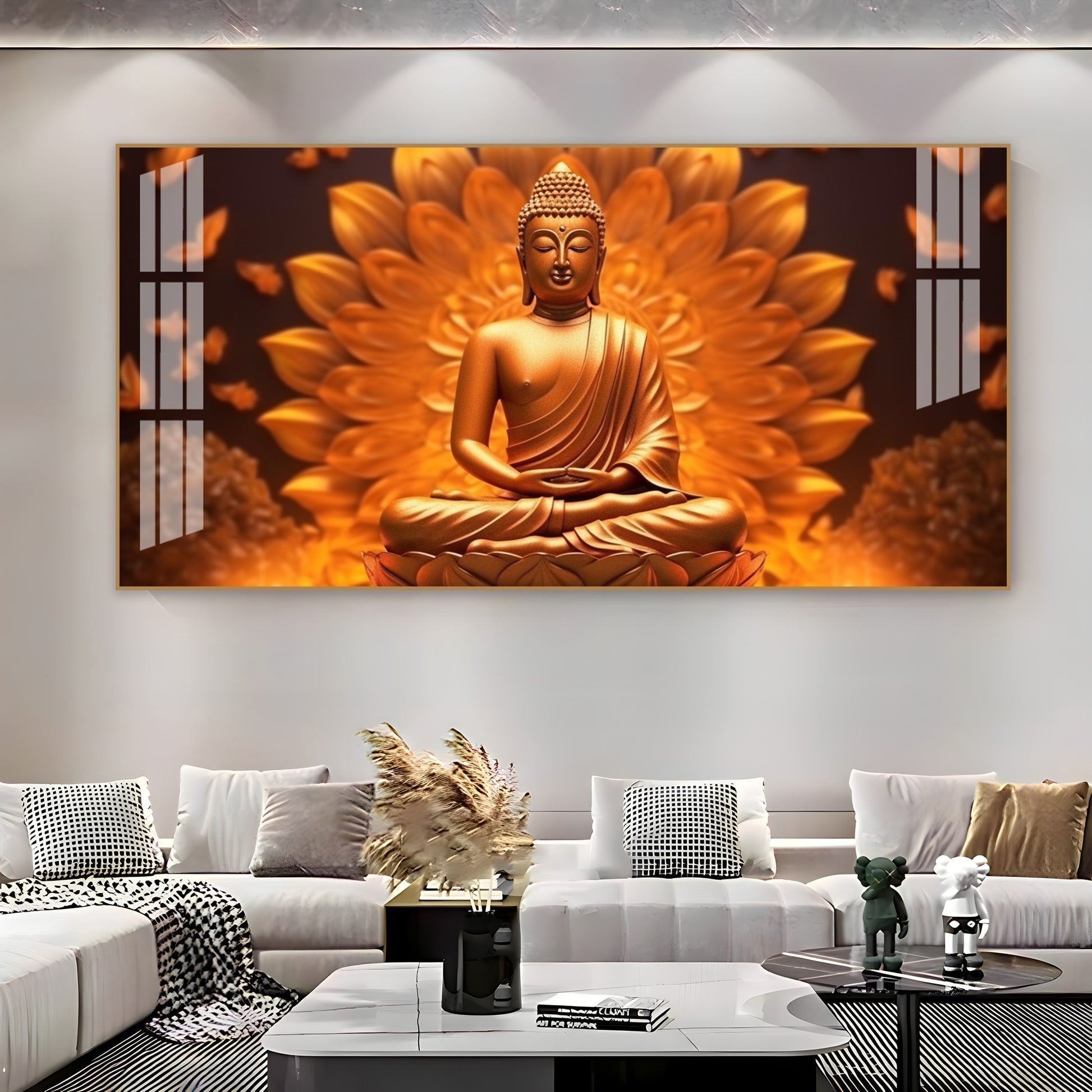 Elegant Buddha Acrylic Wall Art Canvas With Golden Lotus And Spiritual Meditation Design