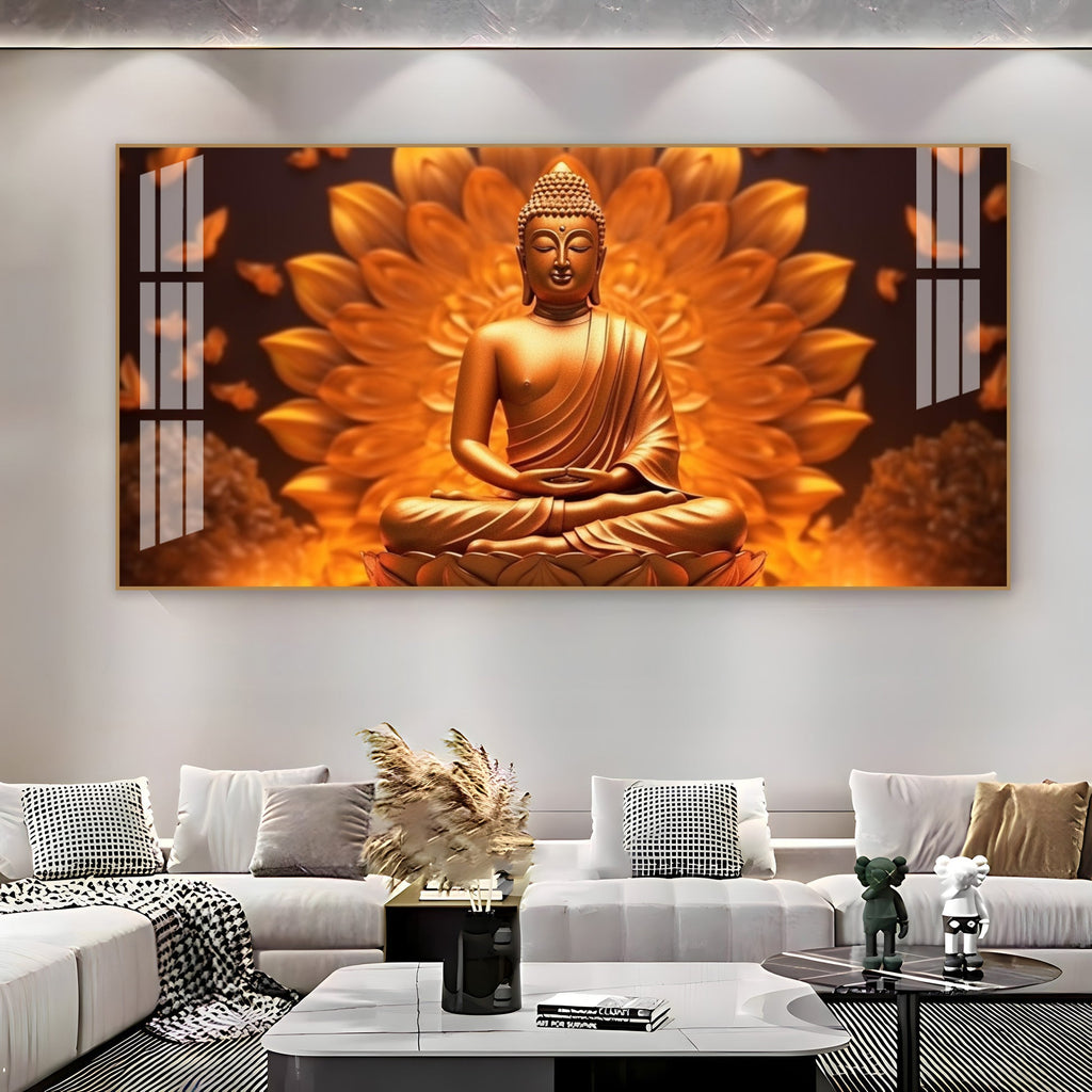 Elegant Buddha Acrylic Wall Art   With Golden Lotus And Spiritual Meditation Design