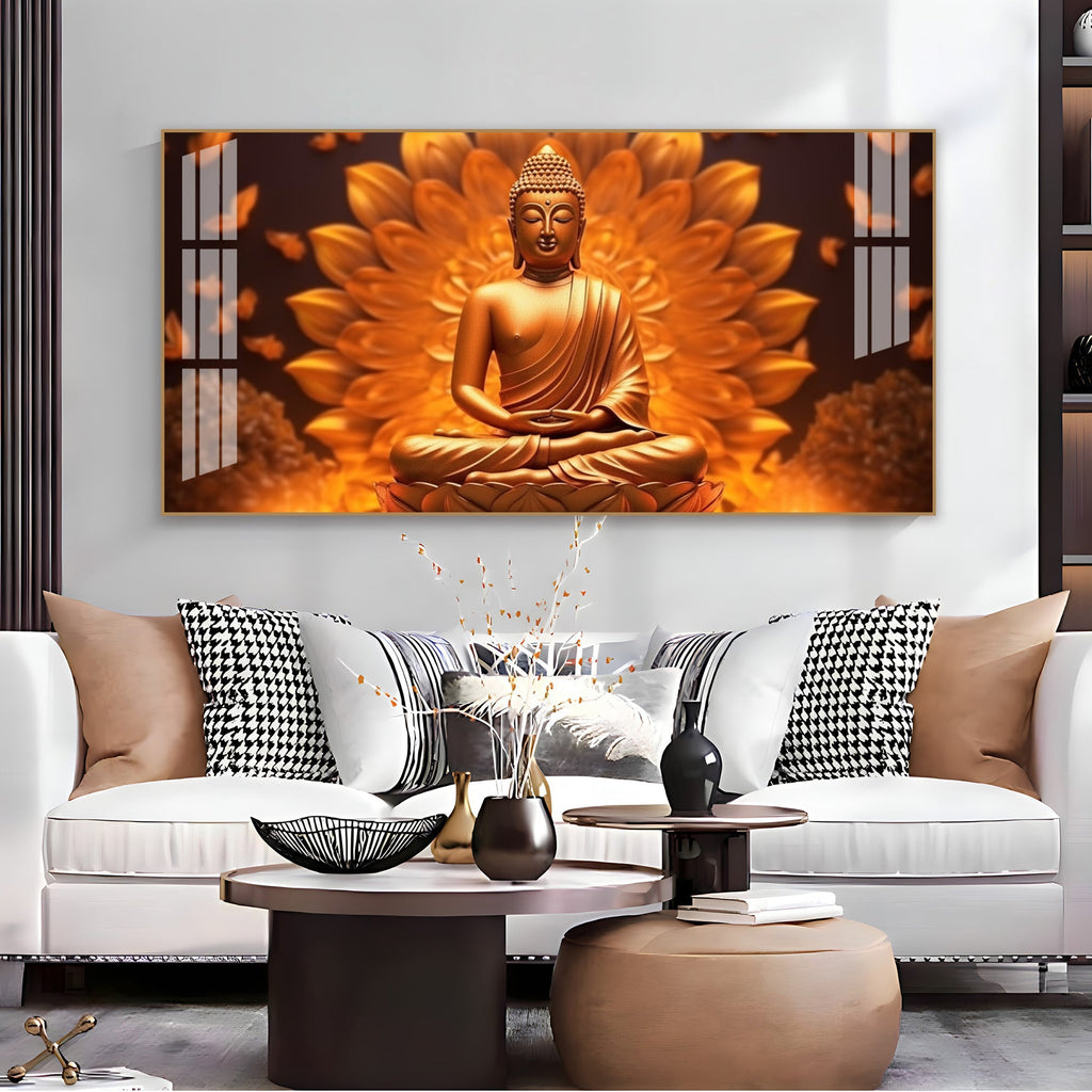 Elegant Buddha Acrylic Wall Art Canvas With Golden Lotus And Spiritual Meditation Design