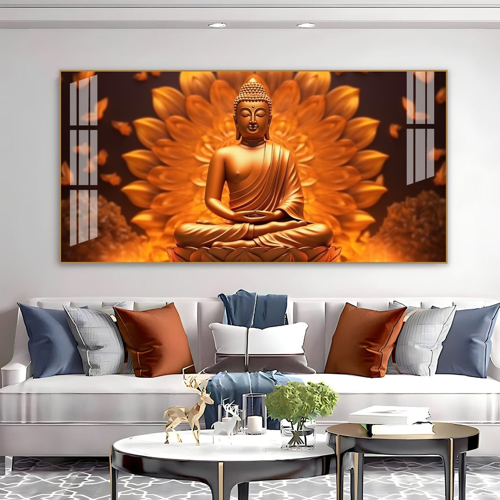 Elegant Buddha Acrylic Wall Art   With Golden Lotus And Spiritual Meditation Design