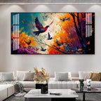Modern Abstract Birds Acrylic Wall Painting   With Forest And Color Splash Design