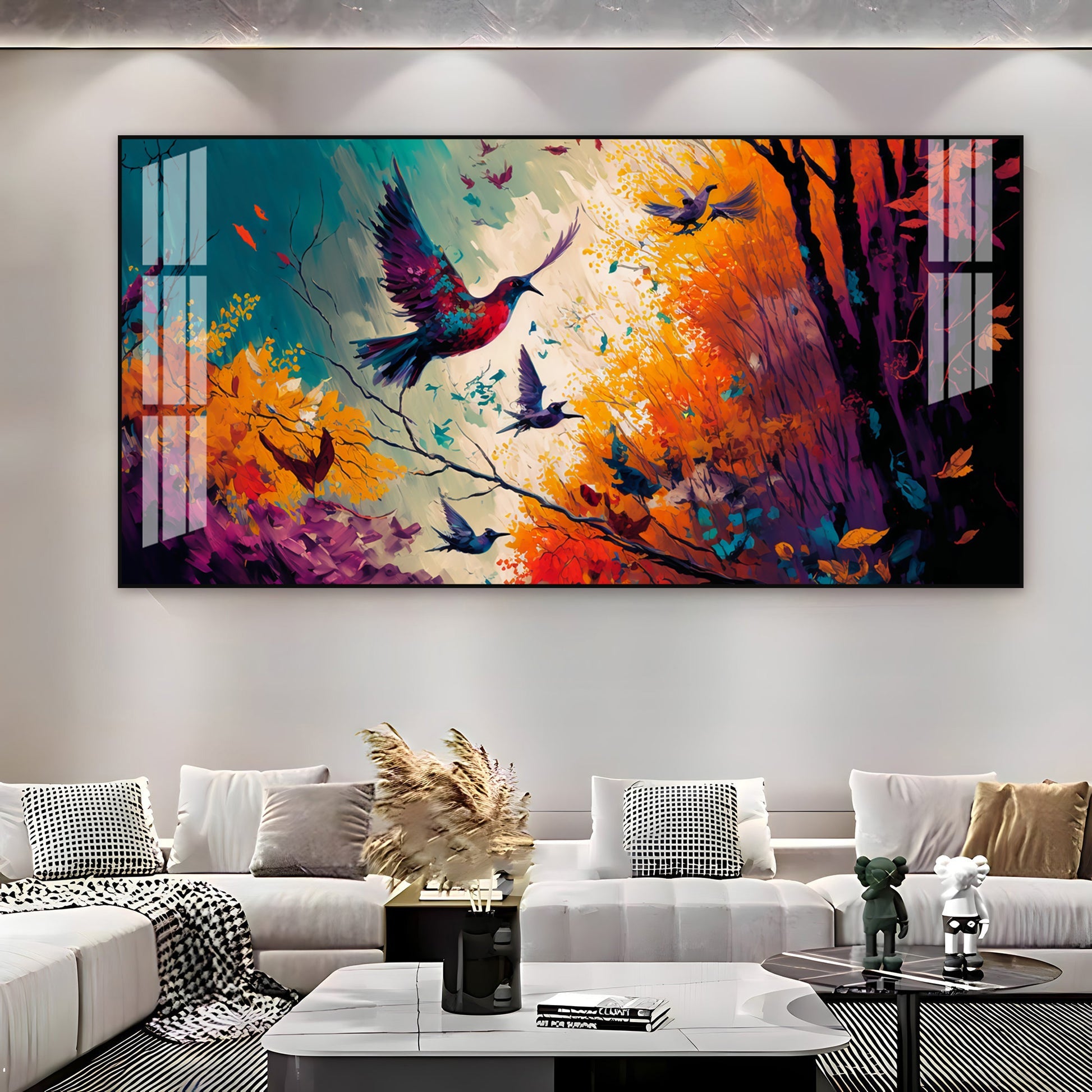 Modern Abstract Birds Acrylic Wall Painting   With Forest And Color Splash Design