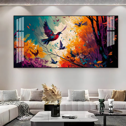 Modern Abstract Birds Acrylic Wall Painting   With Forest And Color Splash Design