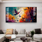 Modern Abstract Birds Acrylic Wall Painting   With Forest And Color Splash Design