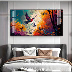 Modern Abstract Birds Acrylic Wall Painting   With Forest And Color Splash Design