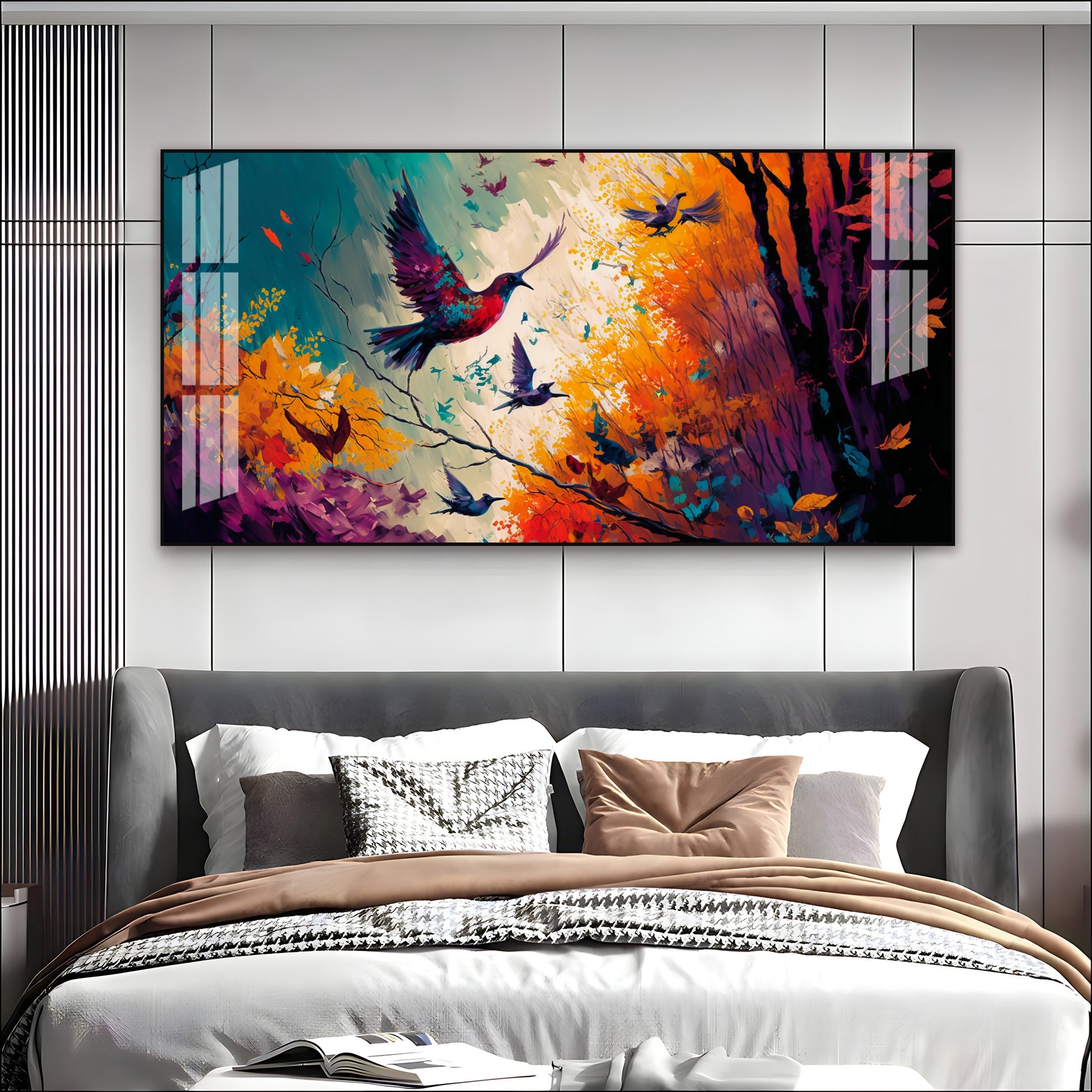 Modern Abstract Birds Acrylic Wall Painting   With Forest And Color Splash Design