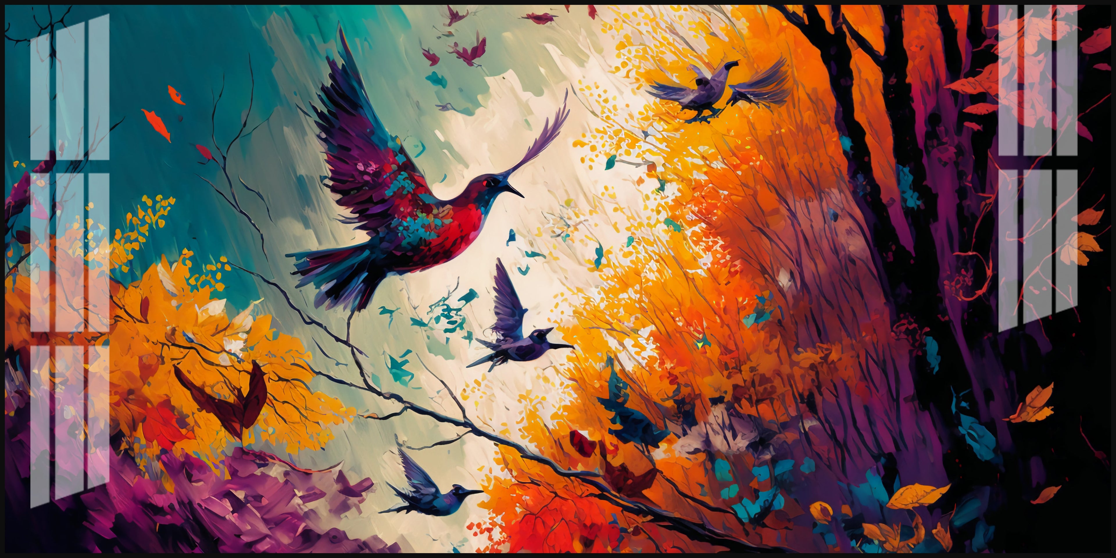 Modern Abstract Birds Acrylic Wall Painting   With Forest And Color Splash Design