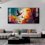 Modern Abstract Birds Acrylic Wall Painting   With Forest And Color Splash Design