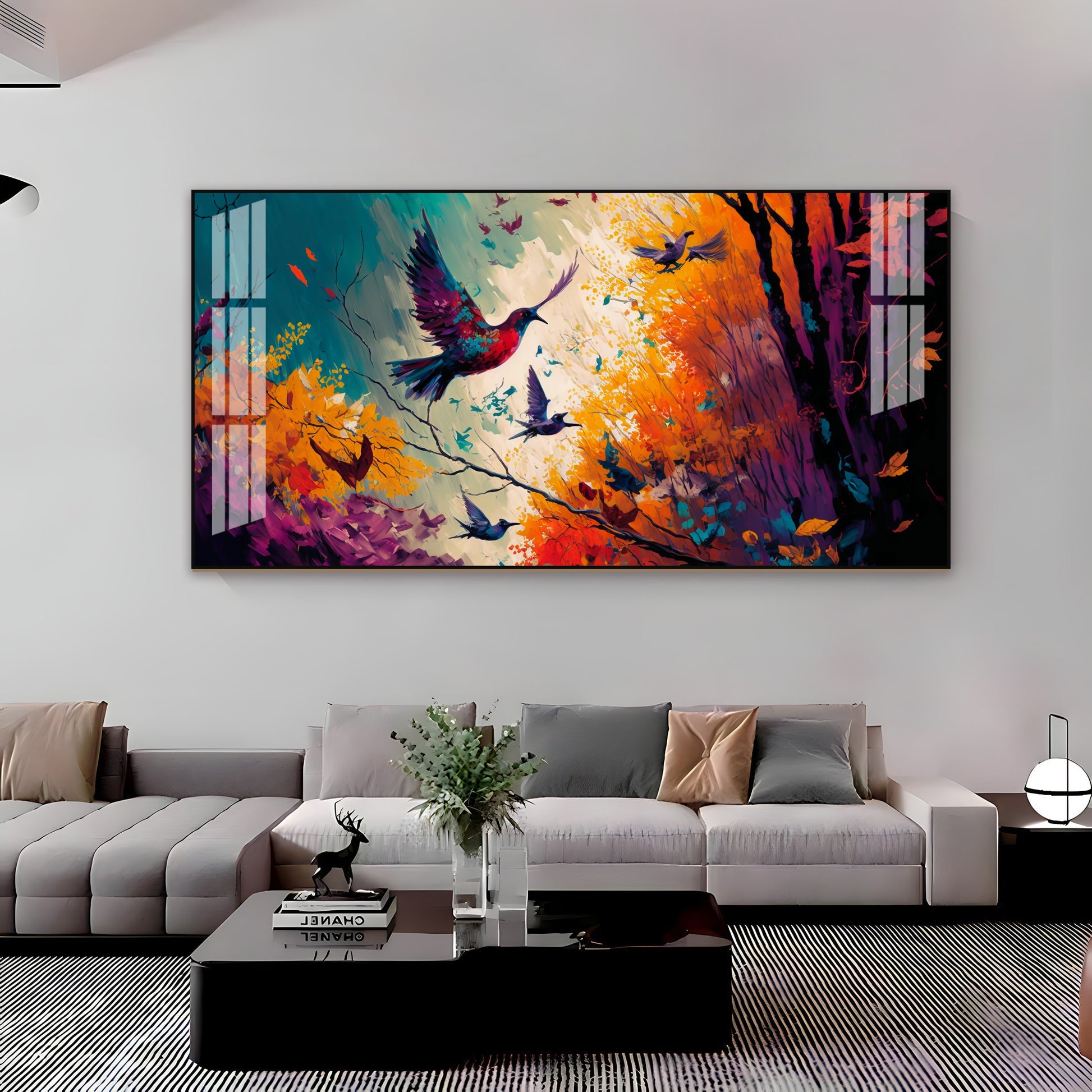Modern Abstract Birds Acrylic Wall Painting   With Forest And Color Splash Design