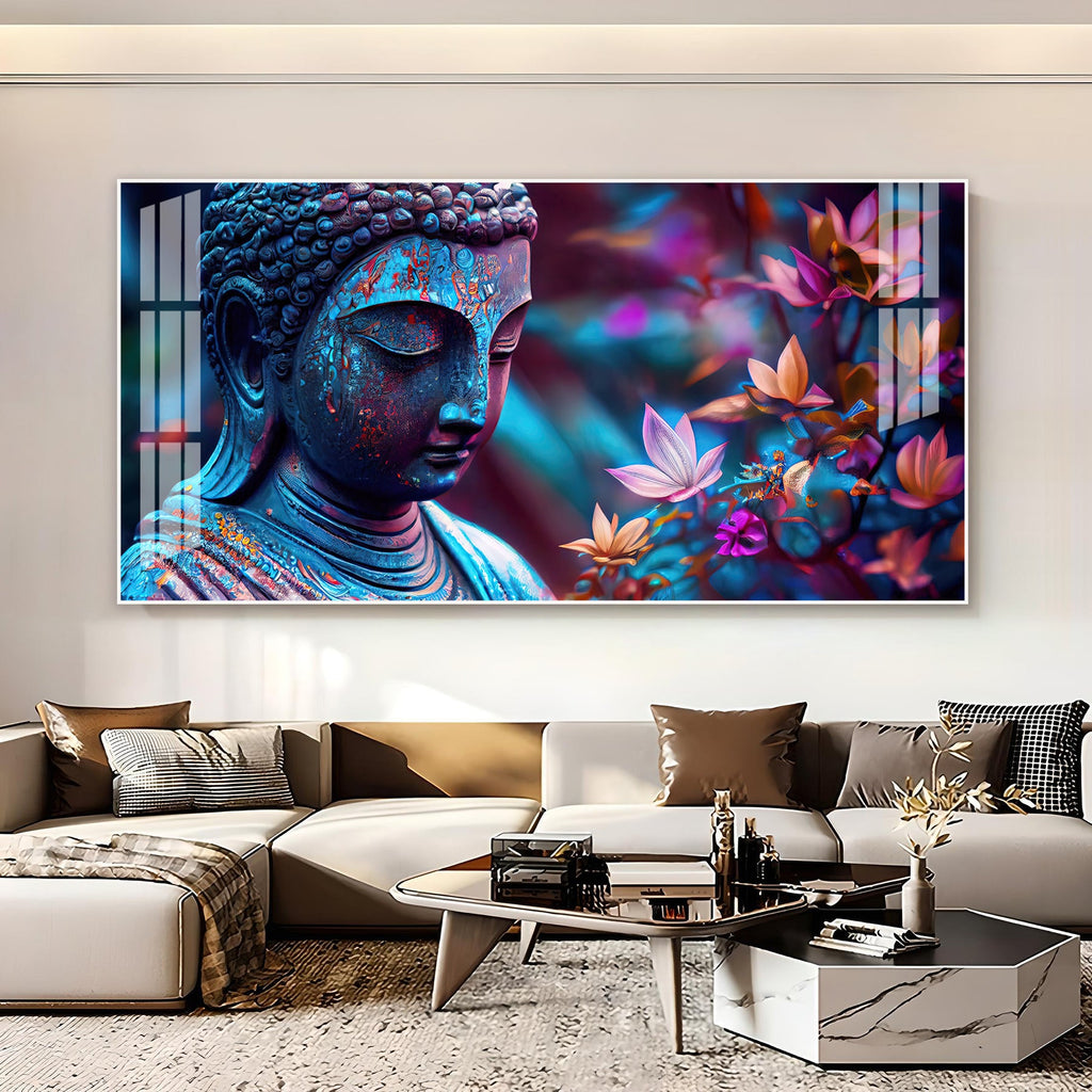 Modern Buddha Acrylic Wall Art   With Colorful Flowers And Abstract Art Style