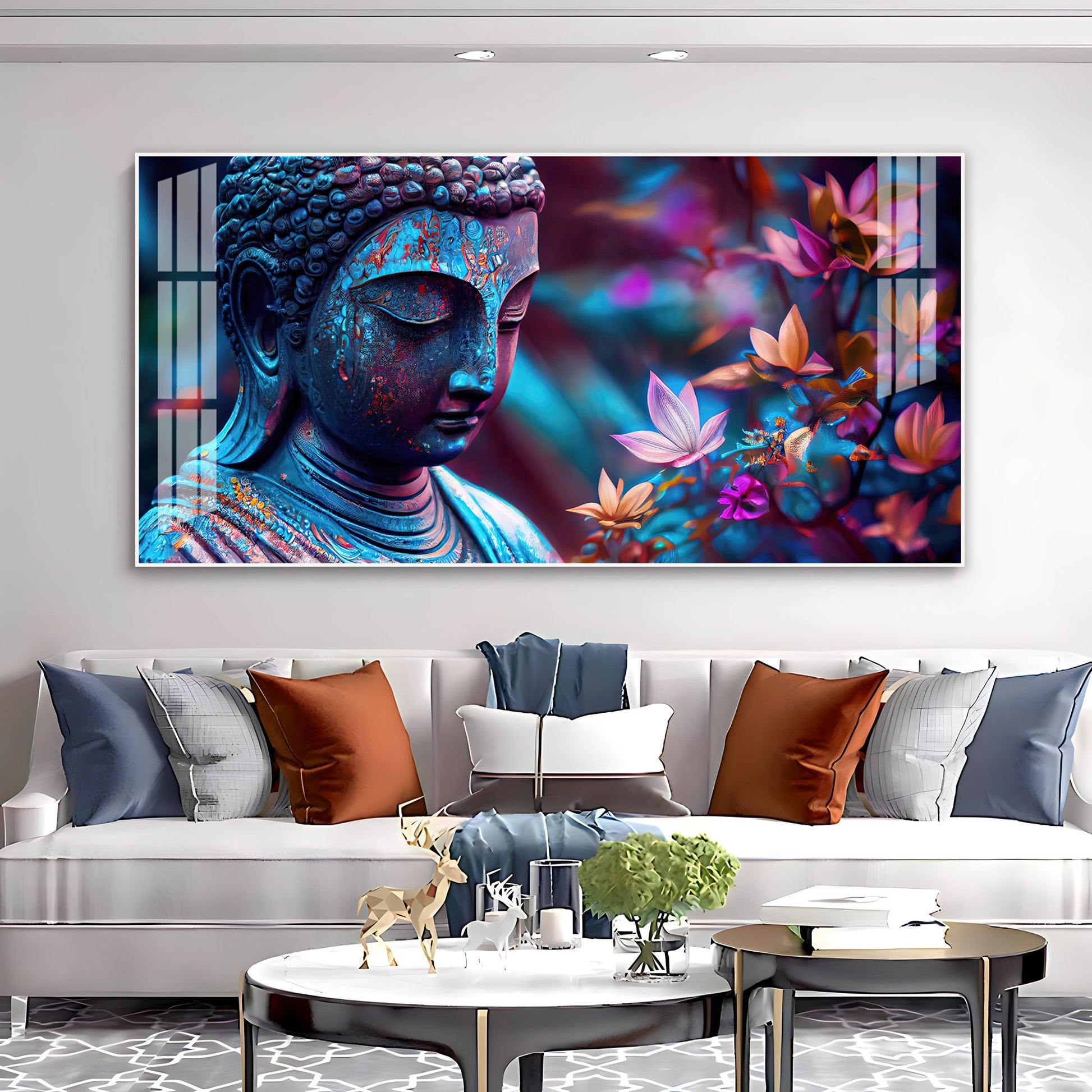 Modern Buddha Acrylic Wall Art   With Colorful Flowers And Abstract Art Style