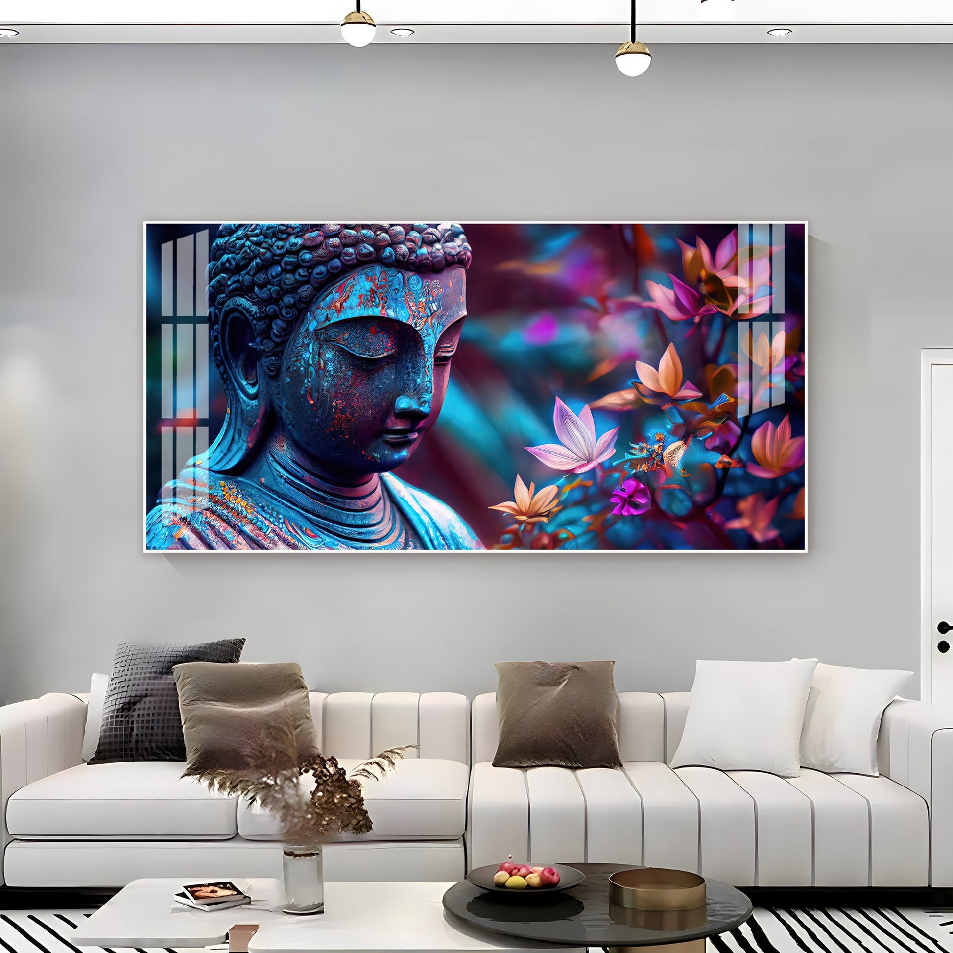 Modern Buddha Acrylic Wall Art   With Colorful Flowers And Abstract Art Style