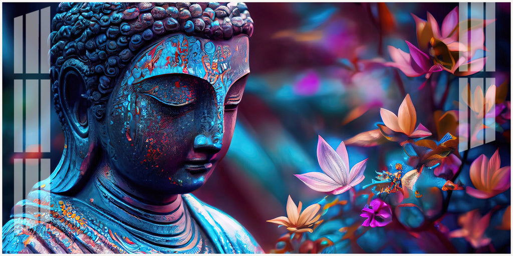 Modern Buddha Acrylic Wall Art   With Colorful Flowers And Abstract Art Style