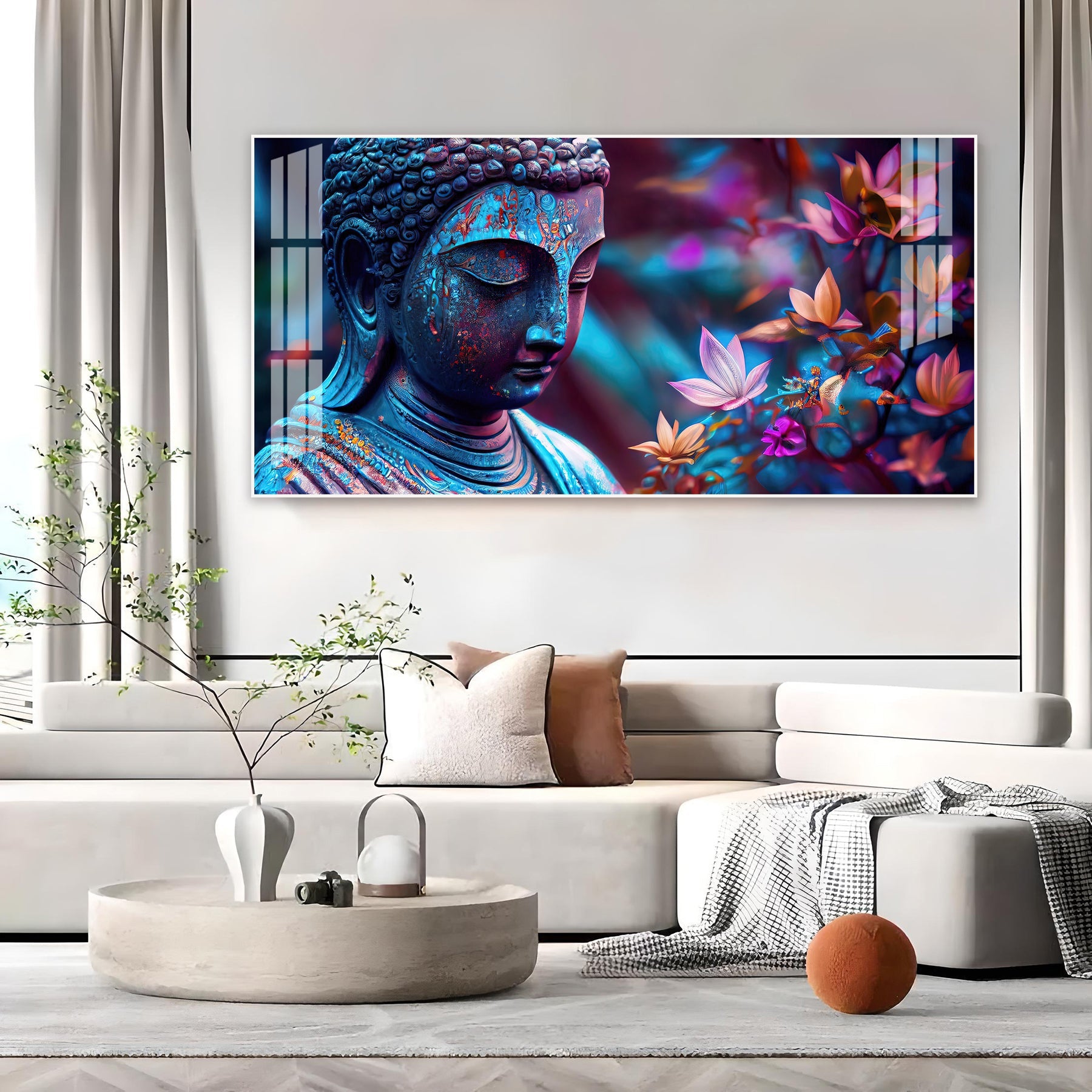 Modern Buddha Acrylic Wall Art   With Colorful Flowers And Abstract Art Style