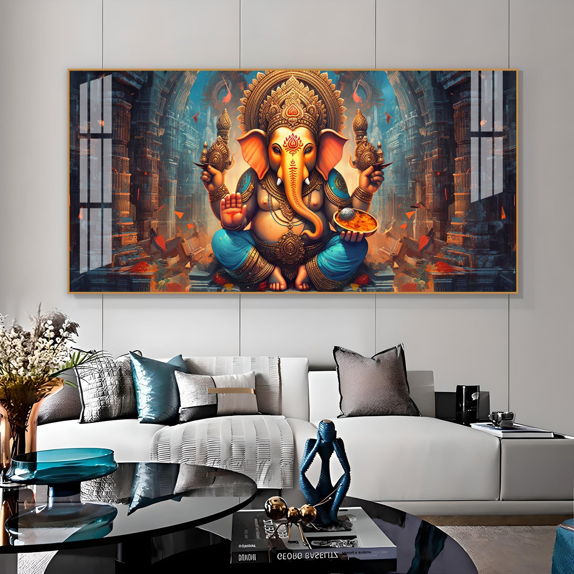 Elegant Ganesha Acrylic Wall Art Canvas With Spiritual Temple And Divine Design