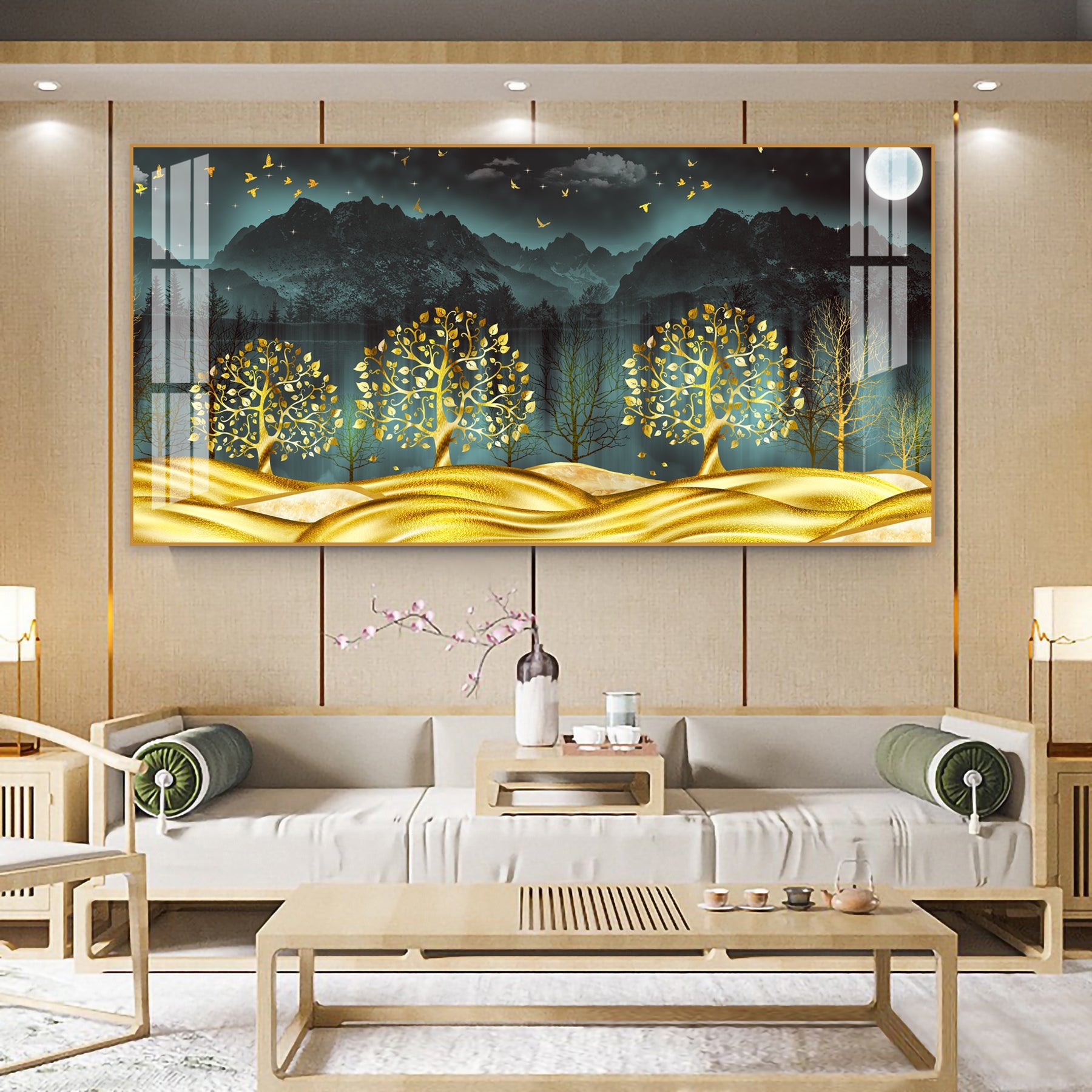 Stylish Golden Forest Acrylic Wall Art   With Mountain And Nature Theme