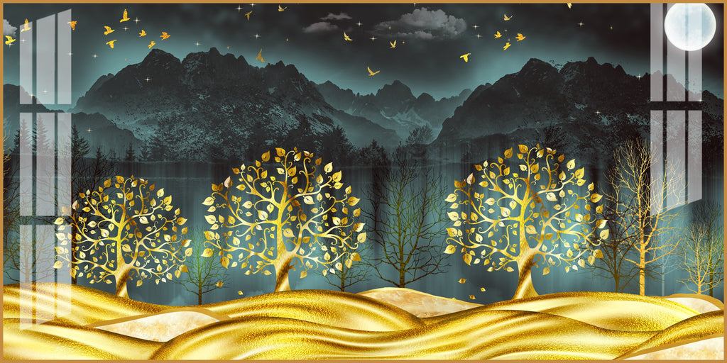 Stylish Golden Forest Acrylic Wall Art   With Mountain And Nature Theme