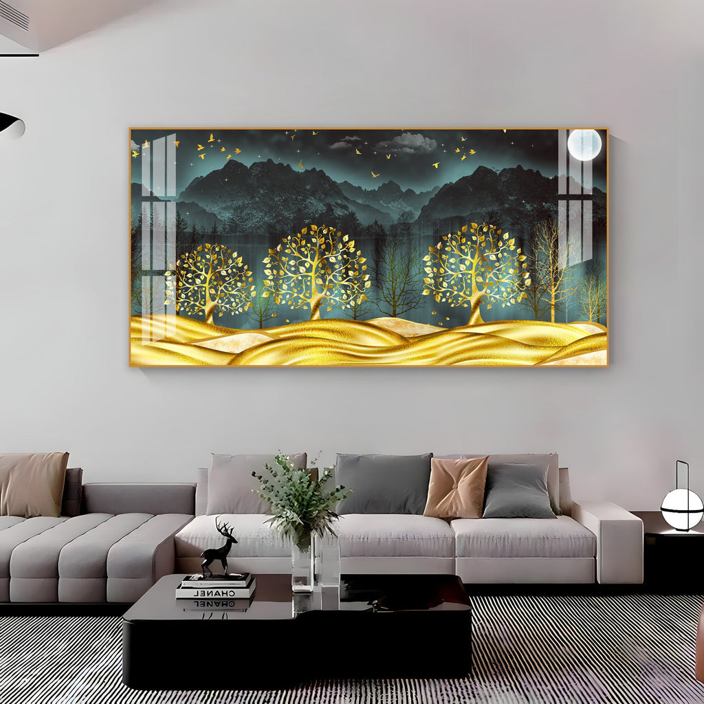 Stylish Golden Forest Acrylic Wall Art   With Mountain And Nature Theme