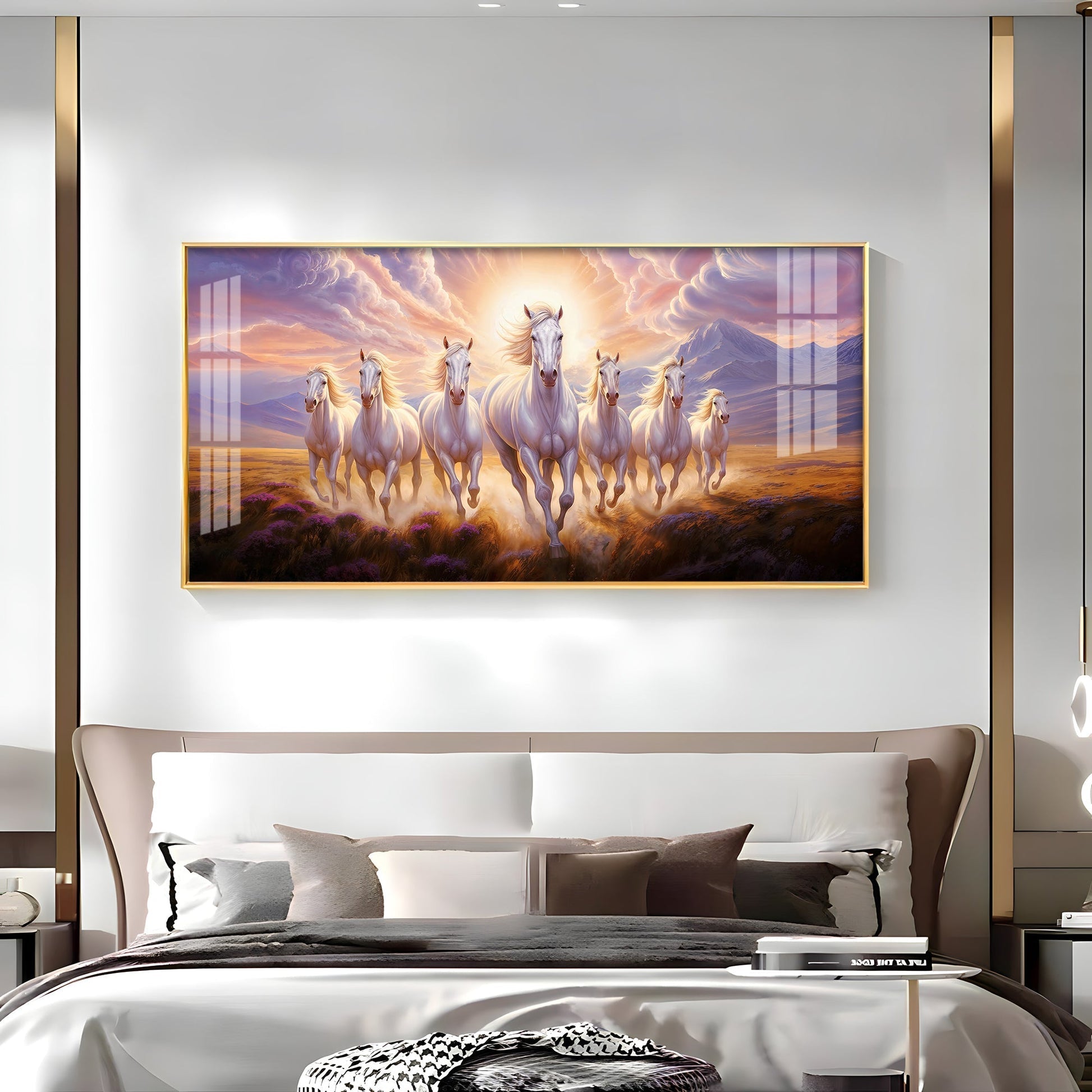 Seven White Running Horses Premium Acrylic Horizontal Wall Art