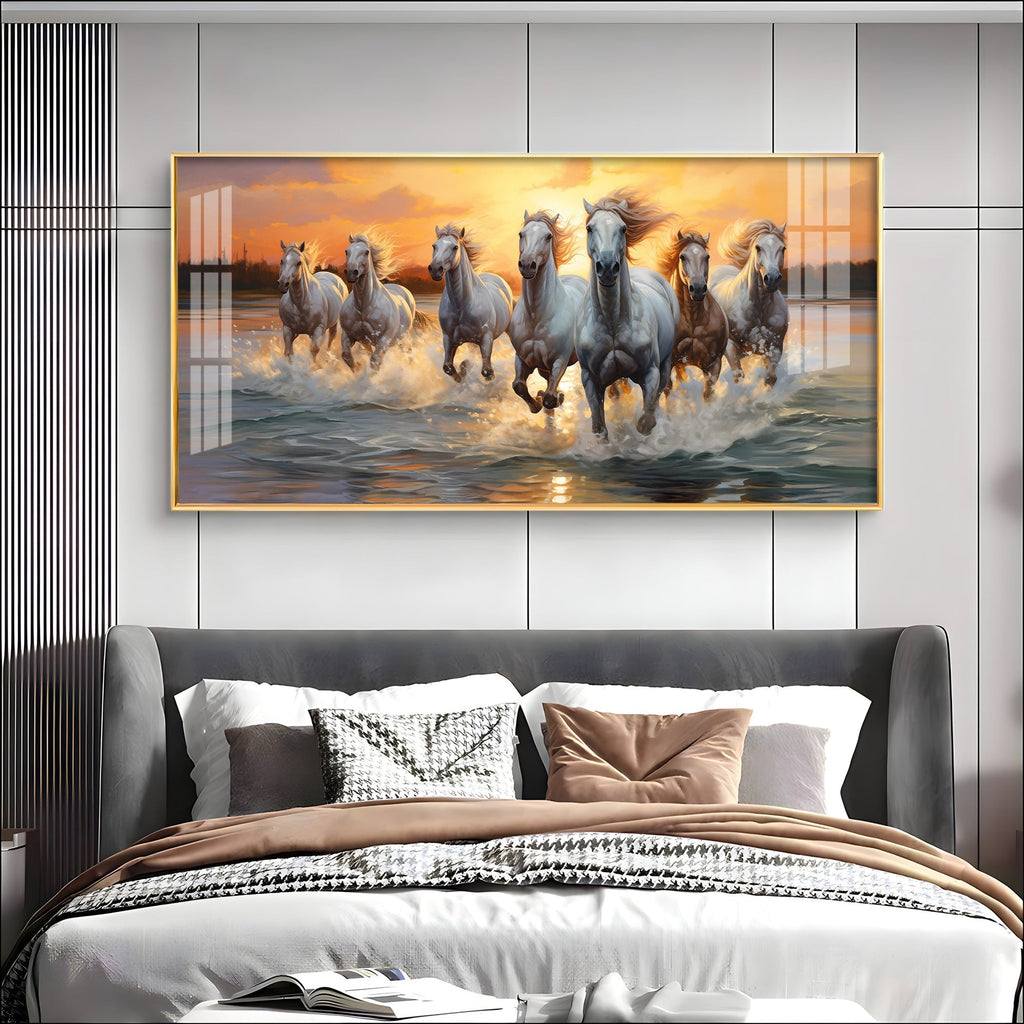 Vastu Seven Running Horses With Sunrise Premium Acrylic Horizontal Wall Art