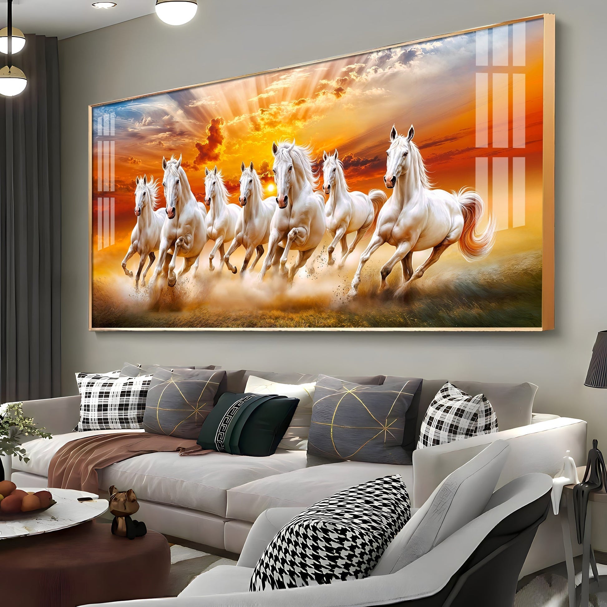 Vastu Success Seven Horses Acrylic Wall Decor Scenic Sunset Sky